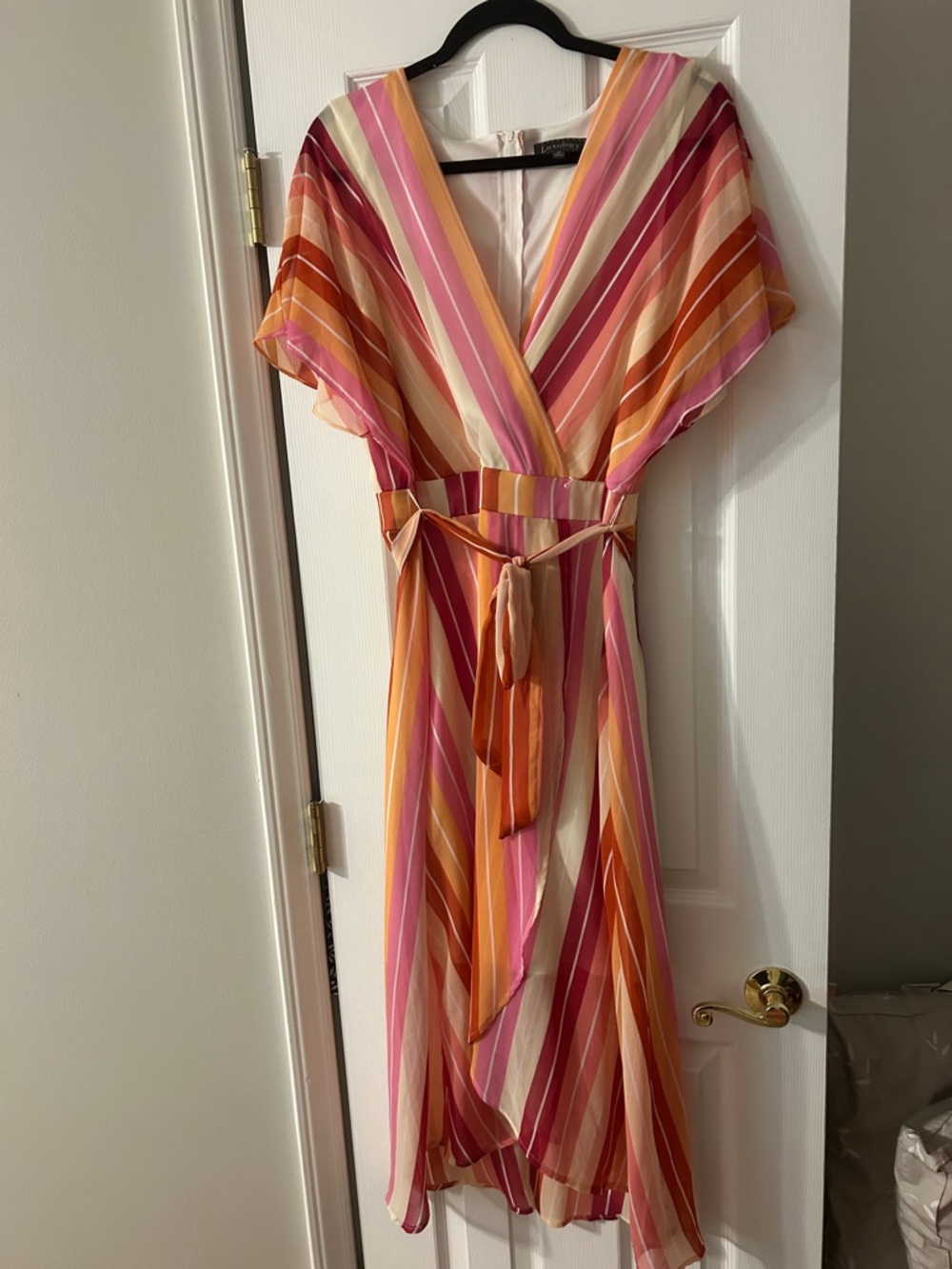 Luxology Striped Wrap Midi Dress - Pink, Orange & Cream